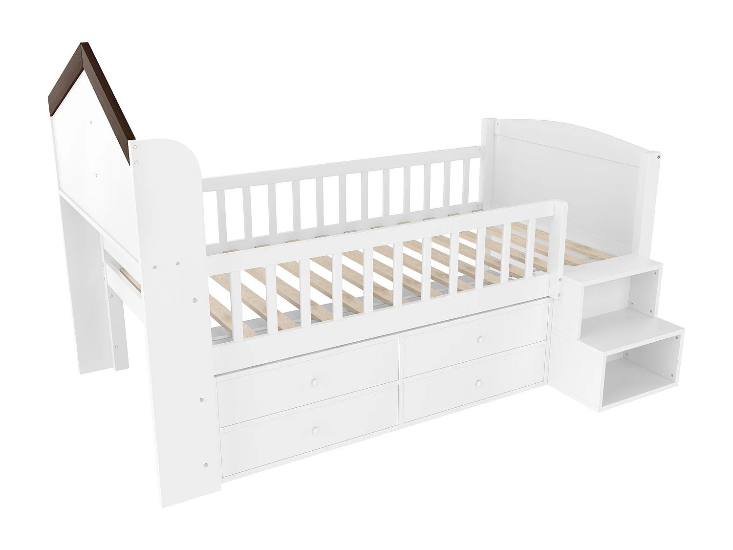 Lit mi-hauteur cabane enfant blanc  90x200cm avec 4 tiroirs,  lumières LED et échelle de rangement (sans matelas )