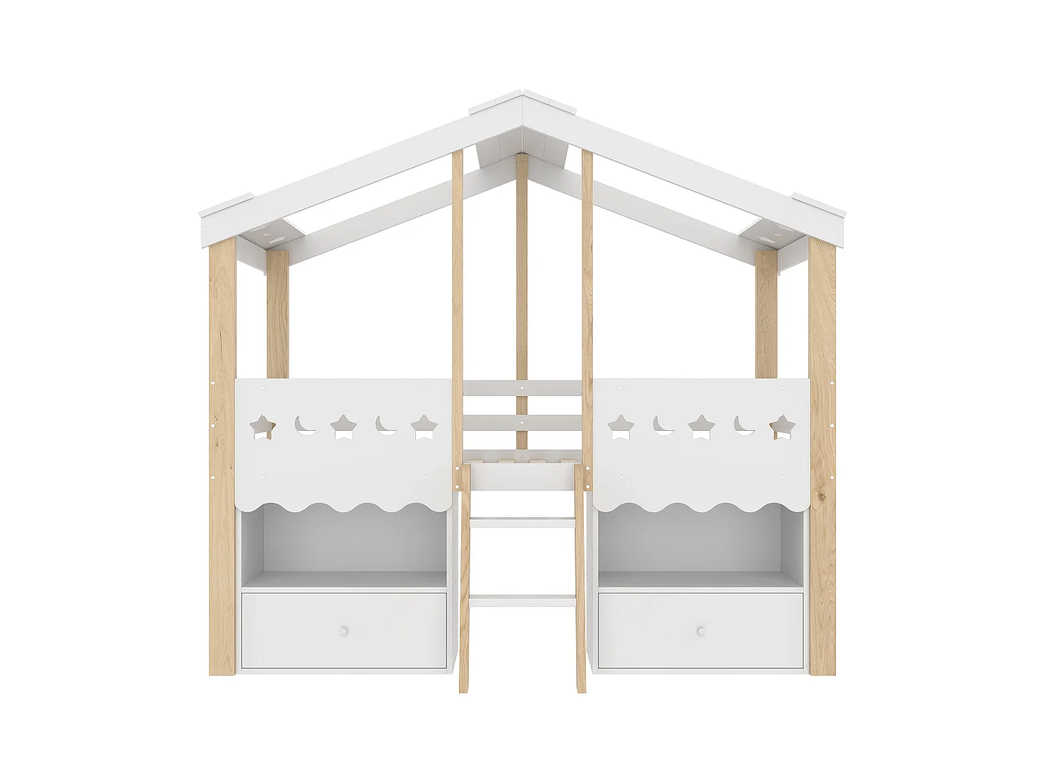 Cama infantil cabina de media altura en color blanco y natural 90x200cm con 2 cajones, luz LED y escalera (sin colchón)