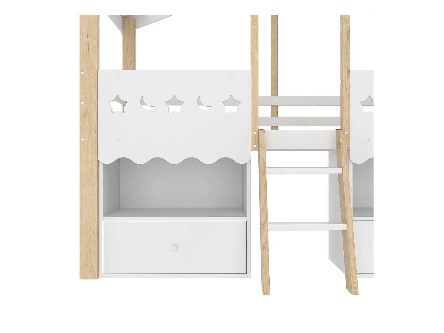 Cama infantil cabina de media altura en color blanco y natural 90x200cm con 2 cajones, luz LED y escalera (sin colchón)