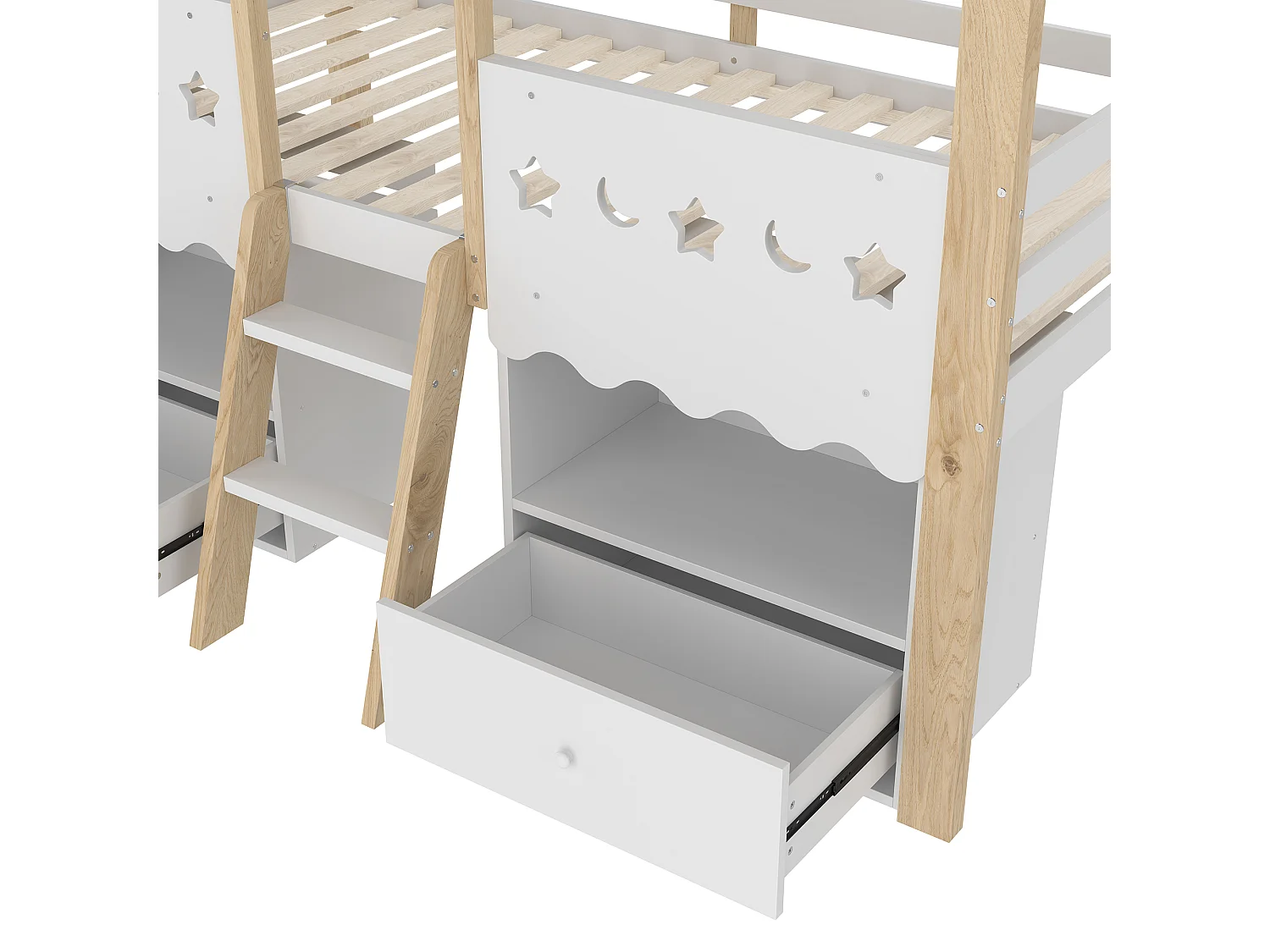 Letto a soppalco per bambini di media altezza, colore bianco e naturale, 90x200cm, con 2 cassetti, luce LED e scaletta (senza materasso)