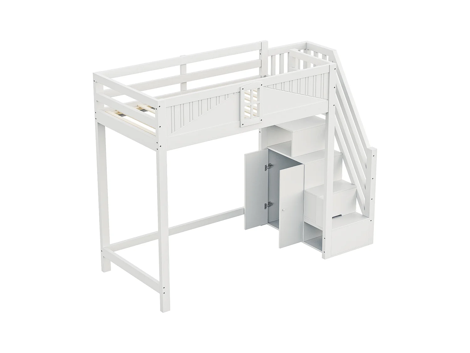 Lit mezzanine en bois blanc 90x200cm avec échelle de rangement et barrière de sécurité, design fenêtre (sans matelas)