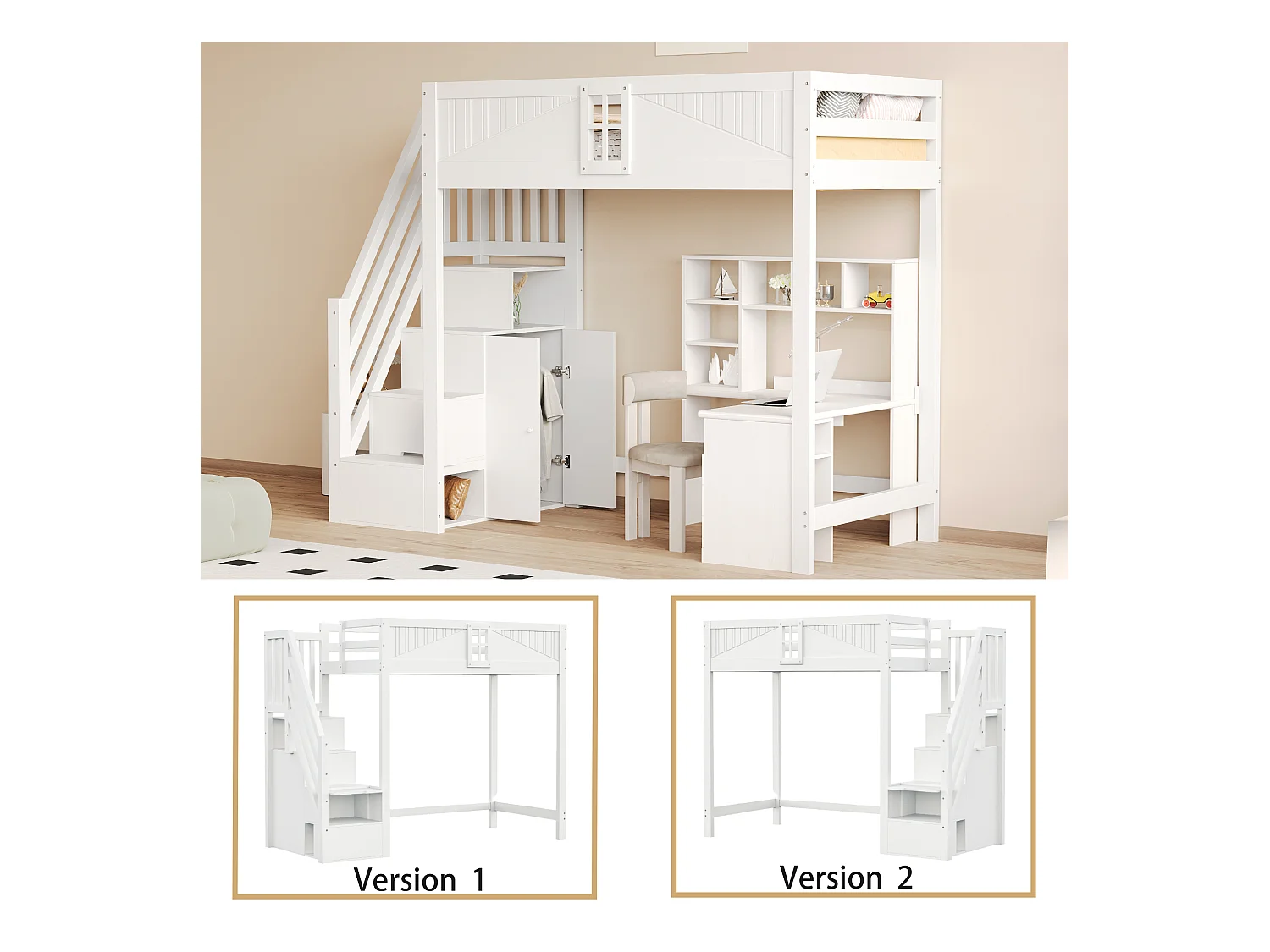 Lit mezzanine en bois blanc 90x200cm avec échelle de rangement et barrière de sécurité, design fenêtre (sans matelas)