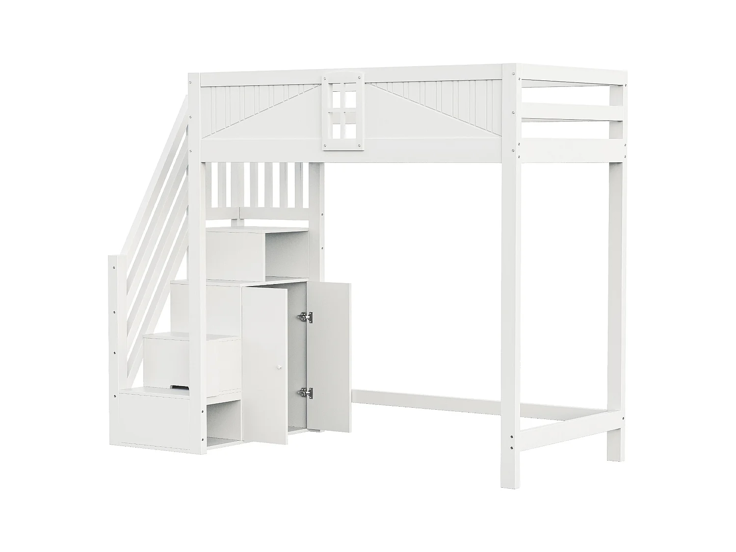 Lit mezzanine en bois blanc 90x200cm avec échelle de rangement et barrière de sécurité, design fenêtre (sans matelas)