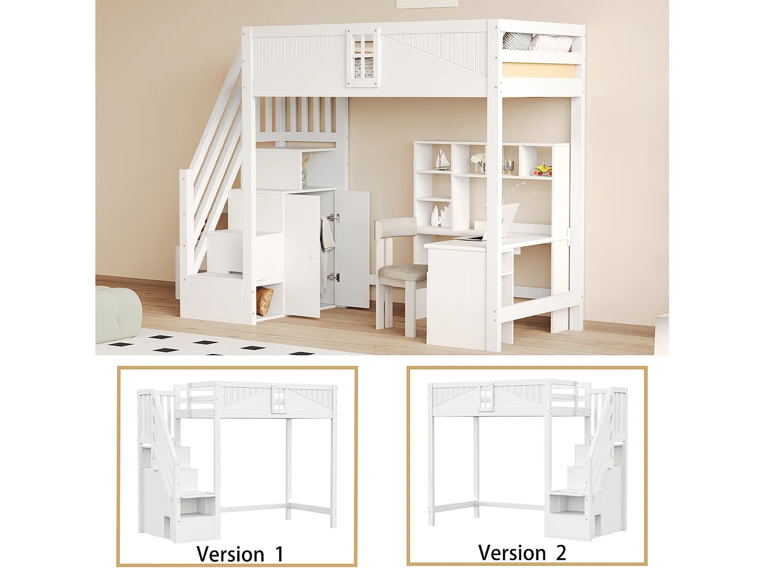 Cama alta de madera blanca de 90x200 cm con escalera de almacenaje y barandilla de seguridad, diseño de ventana (sin colchón)