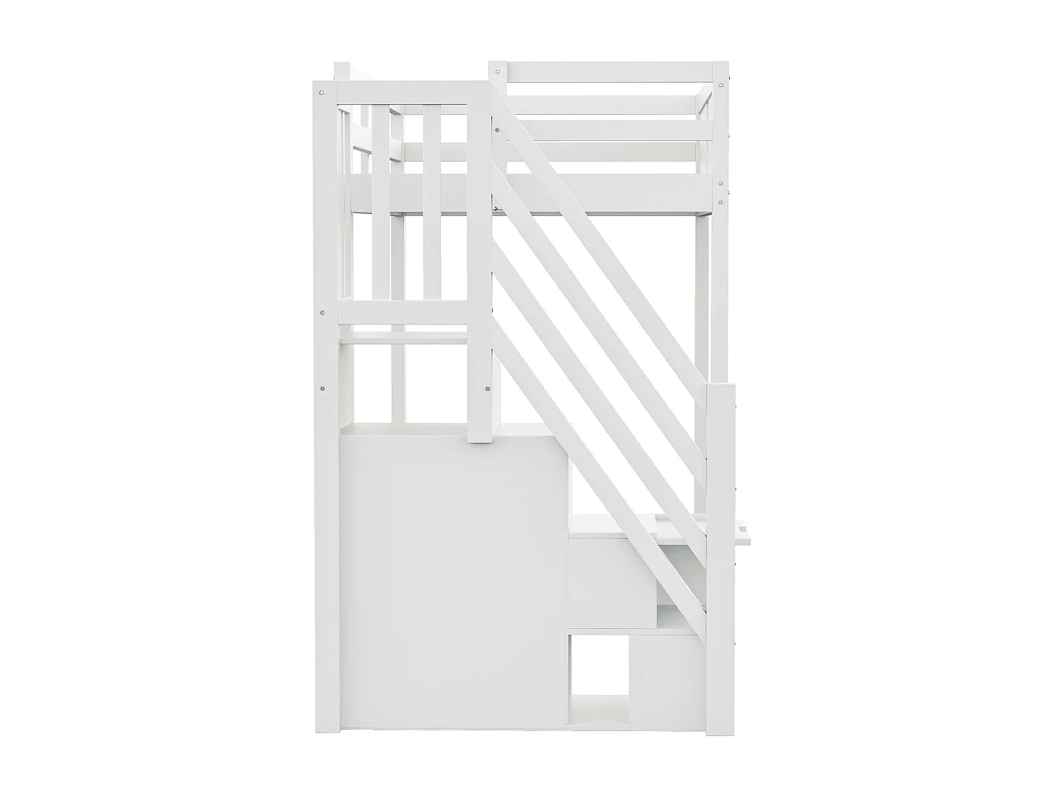 Cama alta de madera blanca de 90x200 cm con escalera de almacenaje y barandilla de seguridad, diseño de ventana (sin colchón)