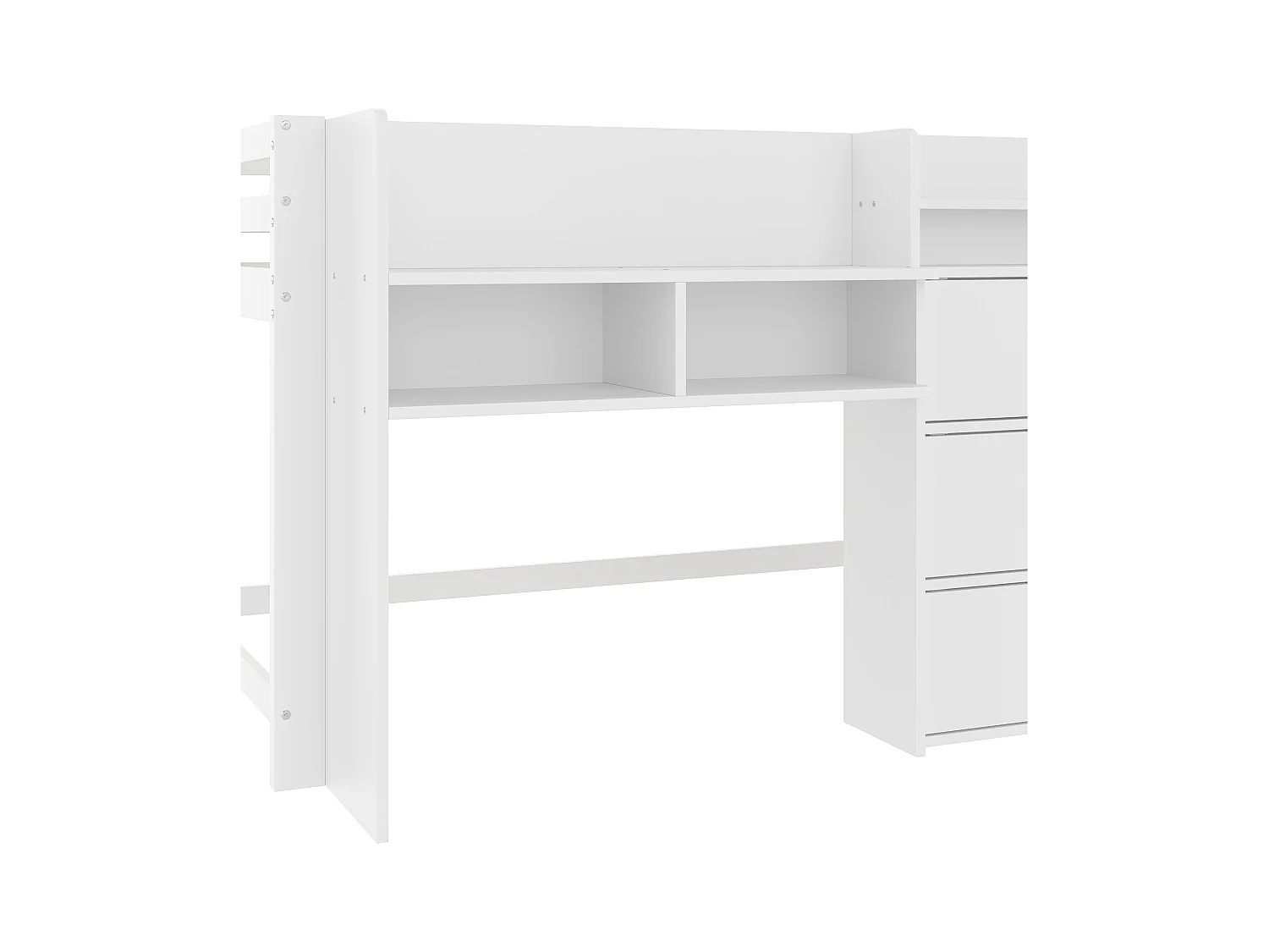 Lit enfant mi-hauteur blanc 90x200cm avec 3 portes, étagères de rangement et espace de divertissement (sans matelas)