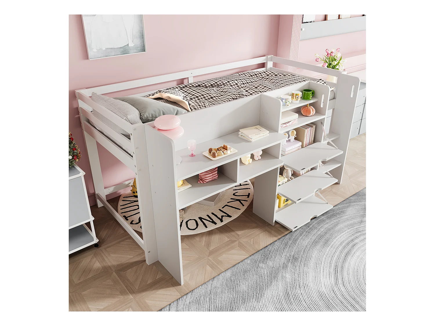 Lit enfant mi-hauteur blanc 90x200cm avec 3 portes, étagères de rangement et espace de divertissement (sans matelas)