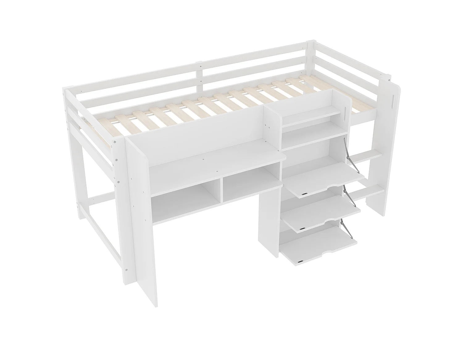 Cama infantil blanca de media altura de 90x200cm con 3 puertas, baldas y zona de entretenimiento (sin colchón)