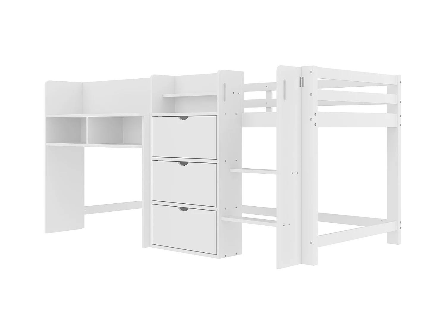 Cama infantil blanca de media altura de 90x200cm con 3 puertas, baldas y zona de entretenimiento (sin colchón)