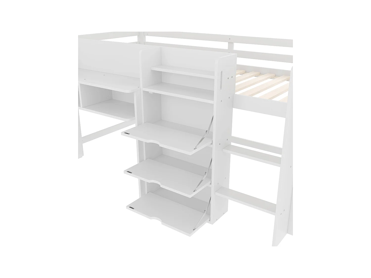 Cama infantil blanca de media altura de 90x200cm con 3 puertas, baldas y zona de entretenimiento (sin colchón)