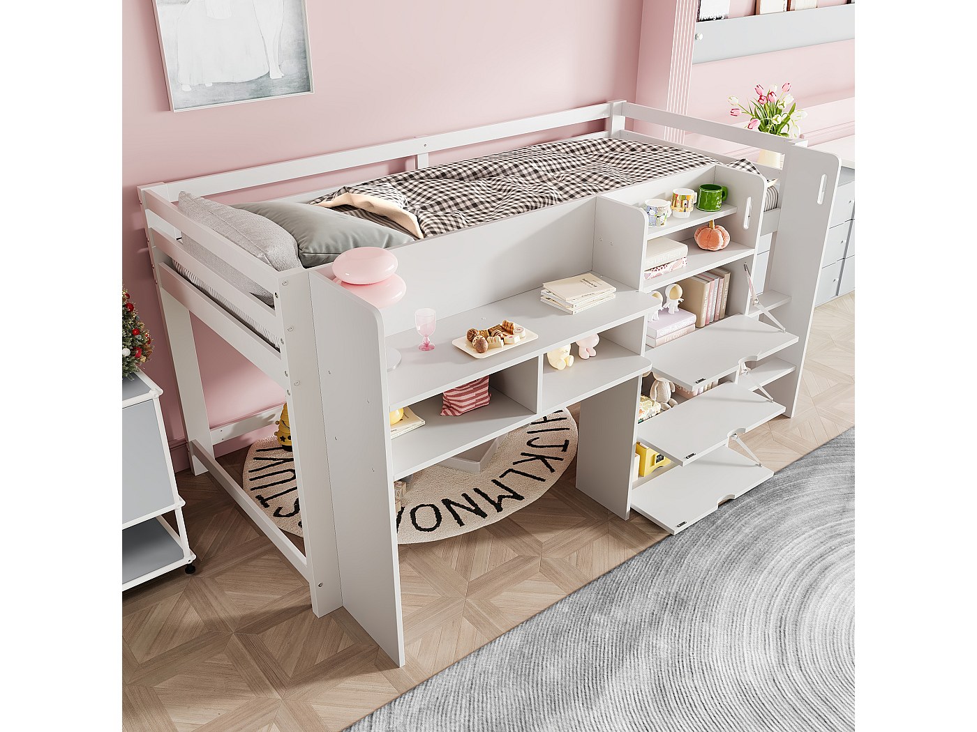 90 x 200 cm, kinderbed, halfhoog bed, huisbed met dak, vierzijdig hek