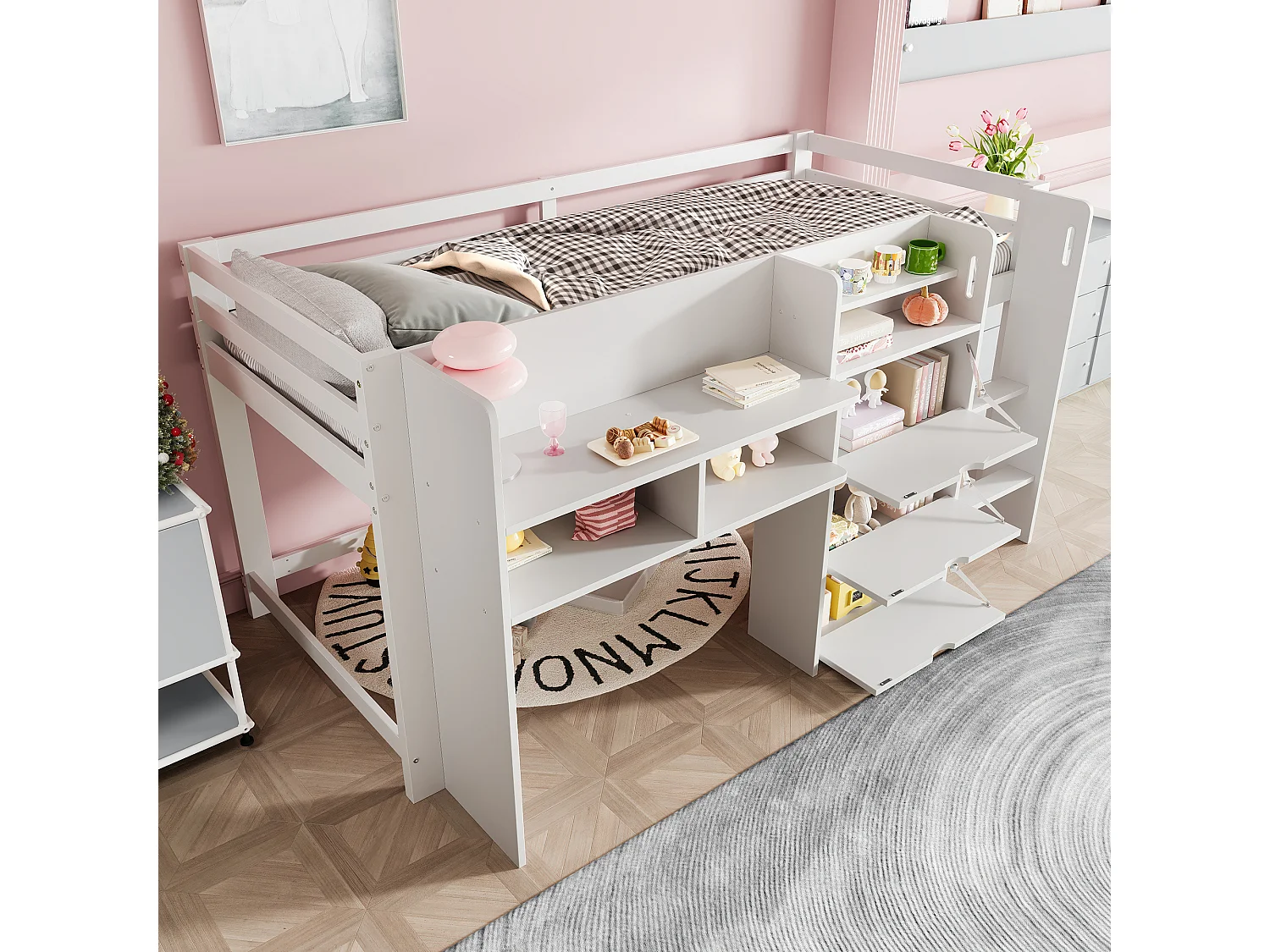 Wit kinderbed halfhoog 90x200cm met 3 deuren, opbergplanken en entertainmentgedeelte (zonder matras)