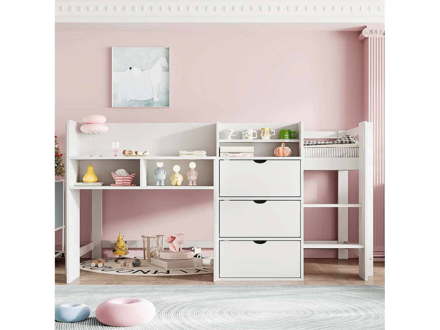 Wit kinderbed halfhoog 90x200cm met 3 deuren, opbergplanken en entertainmentgedeelte (zonder matras)