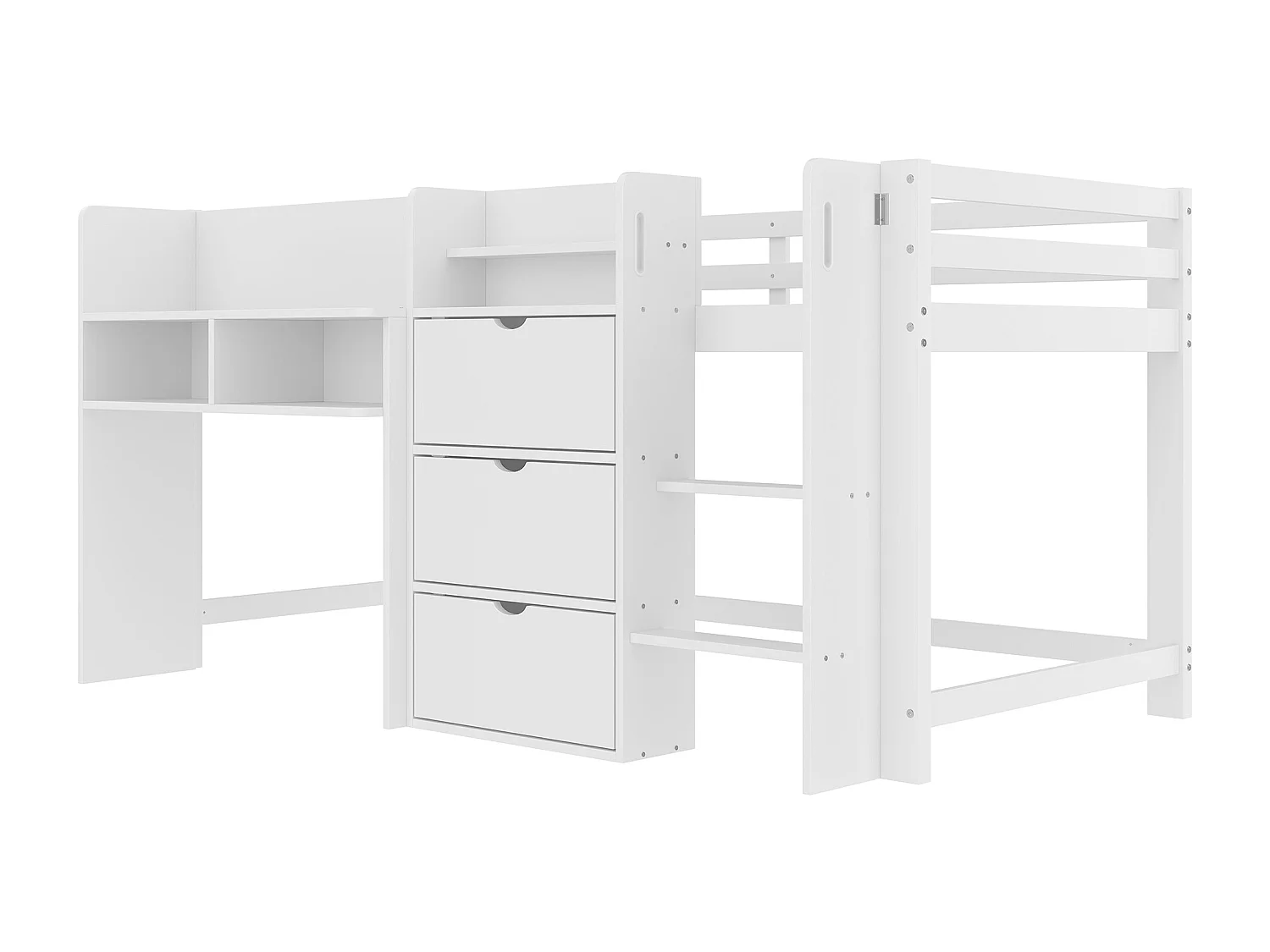 Wit kinderbed halfhoog 90x200cm met 3 deuren, opbergplanken en entertainmentgedeelte (zonder matras)