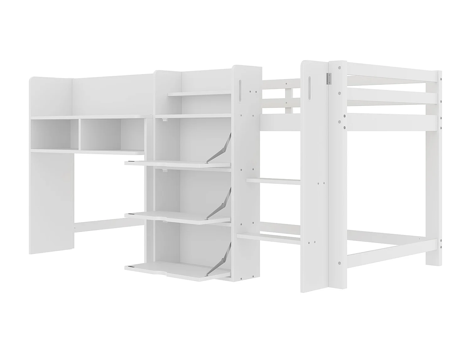 Wit kinderbed halfhoog 90x200cm met 3 deuren, opbergplanken en entertainmentgedeelte (zonder matras)