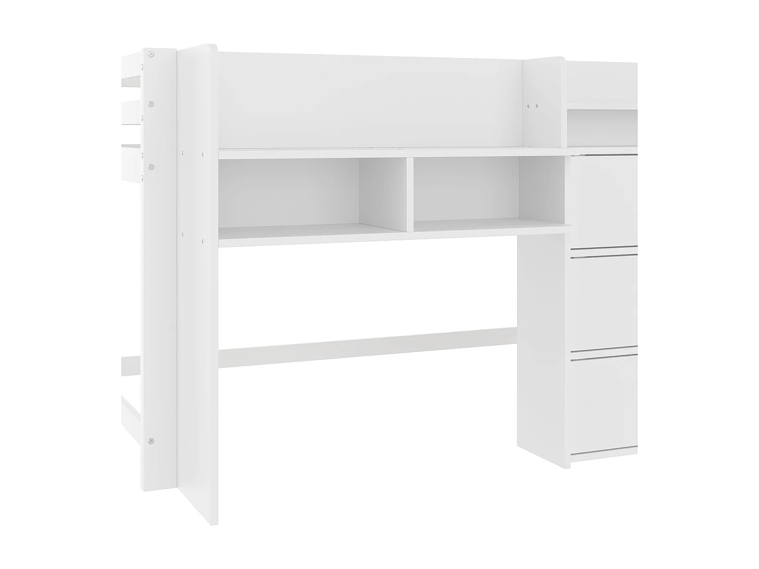 Wit kinderbed halfhoog 90x200cm met 3 deuren, opbergplanken en entertainmentgedeelte (zonder matras)