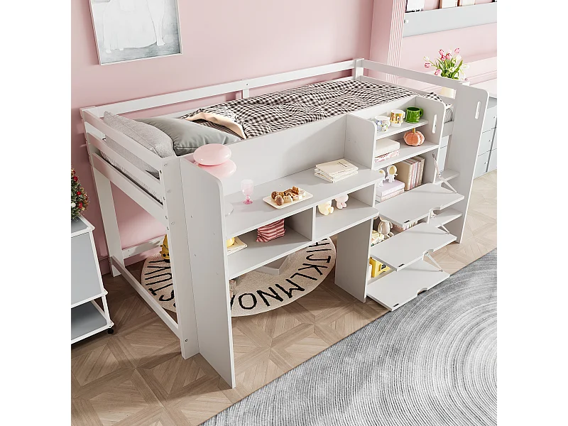 Wit kinderbed halfhoog 90x200cm met 3 deuren, opbergplanken en entertainmentgedeelte (zonder matras)