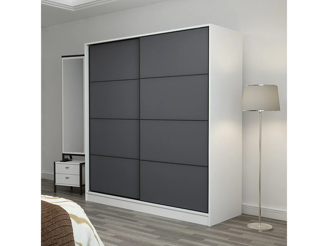 Guardaroba Kailua T102, Antracite|Bianco, 190x180x60cm, Porte guardaroba: Scorrevole