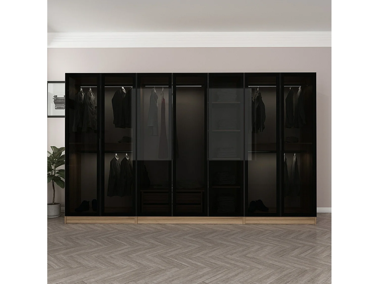 Dressing 7 portes Verre fumé Noir Antipaxos L315xH210cm 4 tringles et 2 tiroirs Bois clair