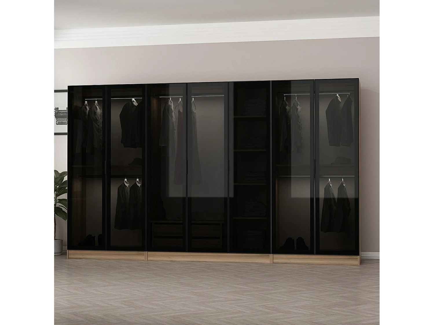 Dressing 7 portes Verre fumé Noir Antipaxos L315xH210cm 4 tringles et 2 tiroirs Bois clair