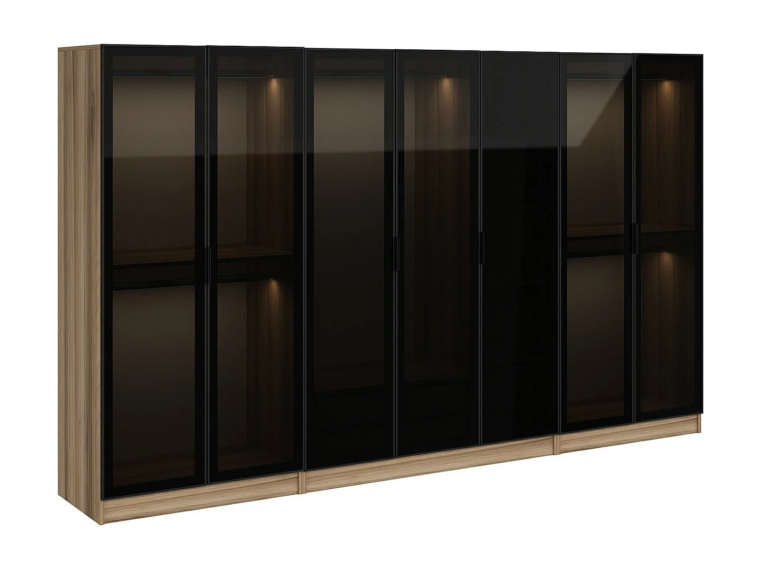 Dressing 7 portes Verre fumé Noir Antipaxos L315xH210cm 4 tringles et 2 tiroirs Bois clair