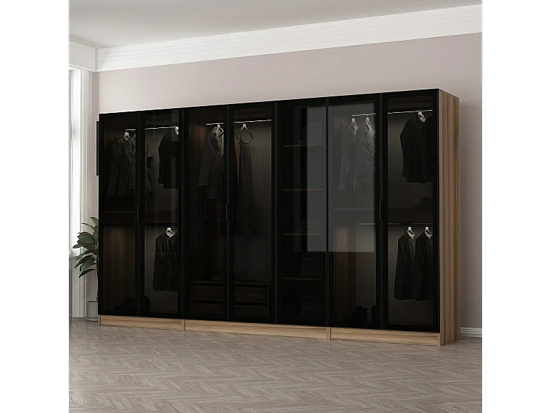 Dressing 7 portes Verre fumé Noir Antipaxos L315xH210cm 4 tringles et 2 tiroirs Bois clair
