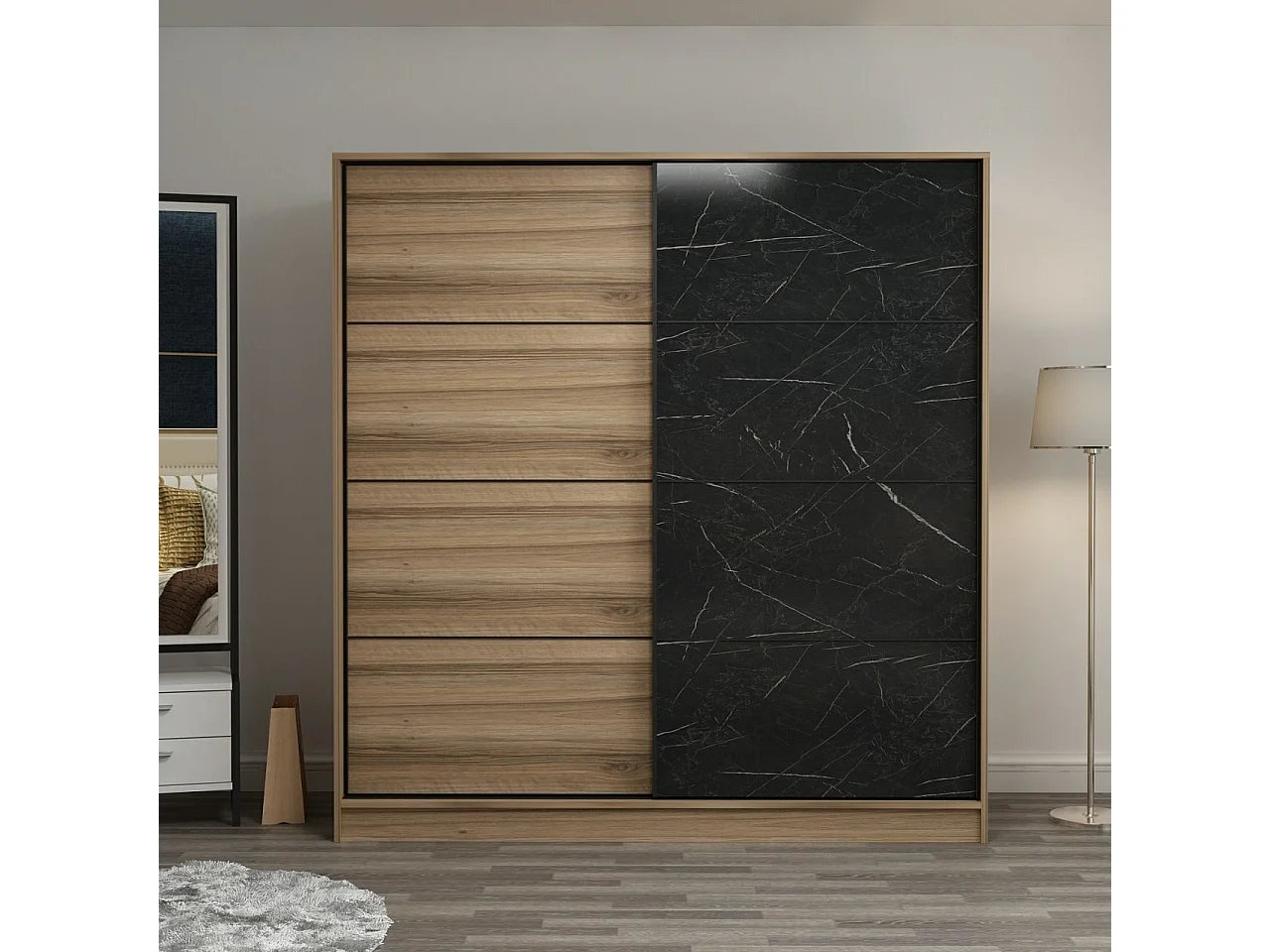 Guardaroba Kailua T102, Marmo nero|Quercia, 190x180x60cm, Porte guardaroba: Scorrevole