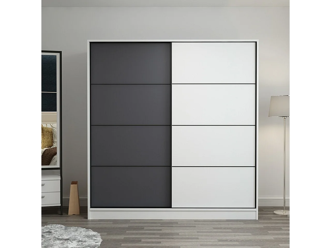 Dressing Carina Blanc L180xH190cm avec 2 portes coulissantes Anthracite et Blanc