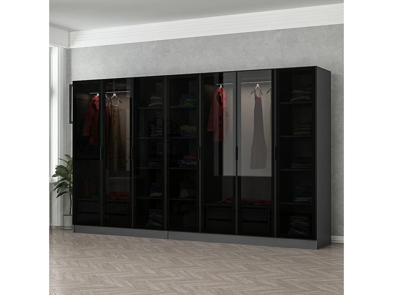 Dressing 7 portes Verre fumé Noir Antipaxos L315xH210cm 2 tringles et 4 tiroirs Anthracite