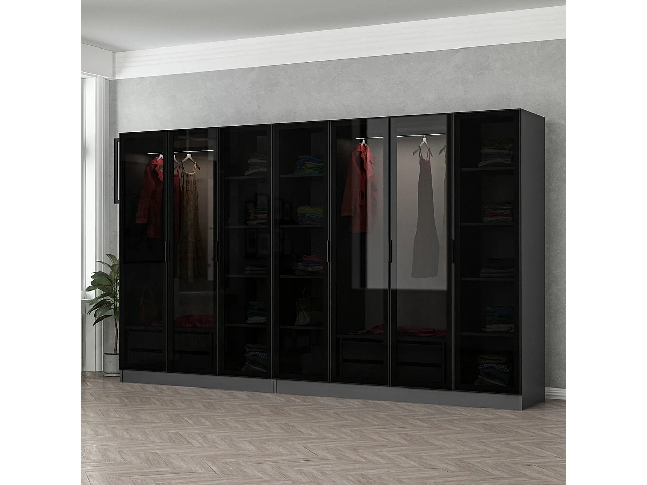 Dressing 7 portes Verre fumé Noir Antipaxos L315xH210cm 2 tringles et 4 tiroirs Anthracite