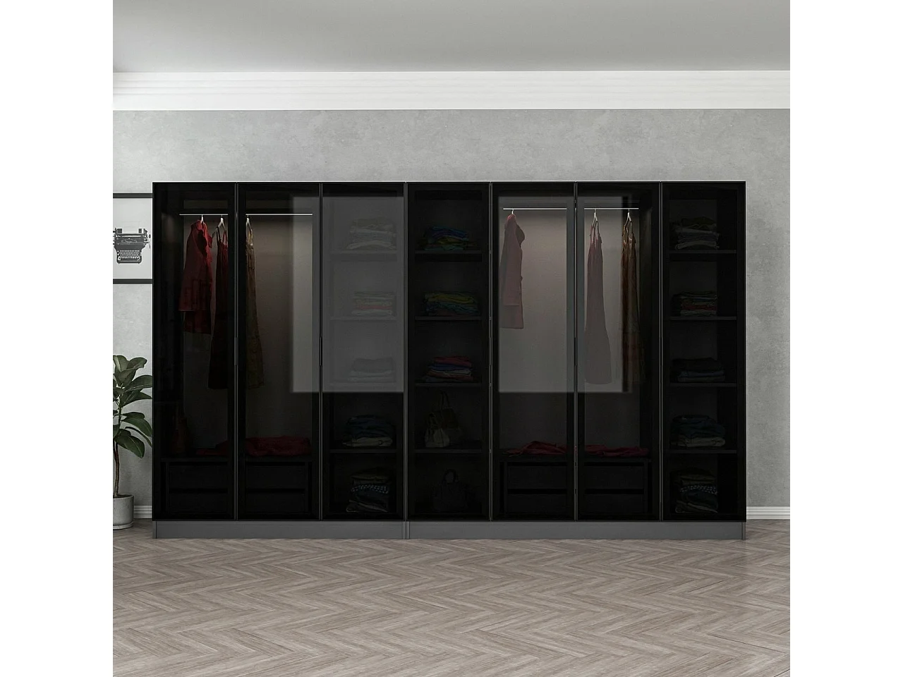 Dressing 7 portes Verre fumé Noir Antipaxos L315xH210cm 2 tringles et 4 tiroirs Anthracite