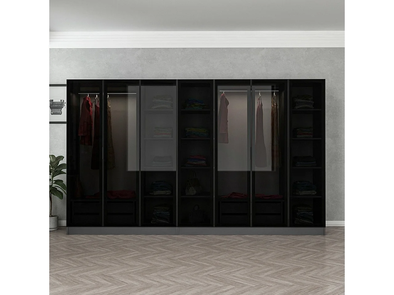 Dressing 7 portes Verre fumé Noir Antipaxos L315xH190cm 2 tringles et 4 tiroirs Anthracite
