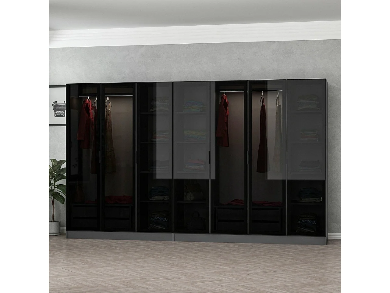 Dressing 7 portes Verre fumé Noir Antipaxos L315xH190cm 2 tringles et 4 tiroirs Anthracite