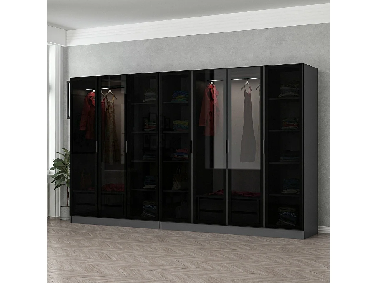 Dressing 7 portes Verre fumé Noir Antipaxos L315xH190cm 2 tringles et 4 tiroirs Anthracite