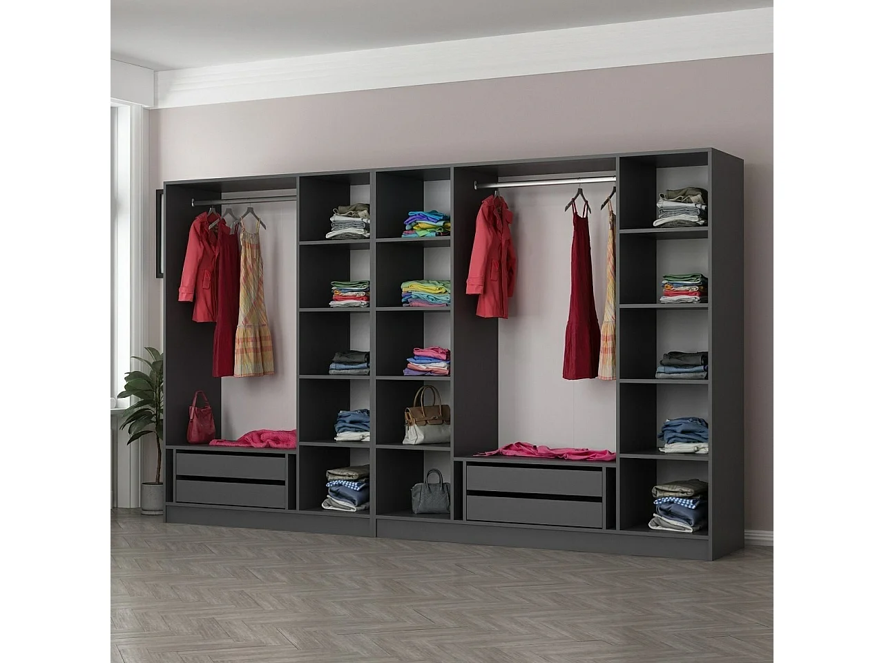Dressing 7 portes Verre fumé Noir Antipaxos L315xH190cm 2 tringles et 4 tiroirs Anthracite