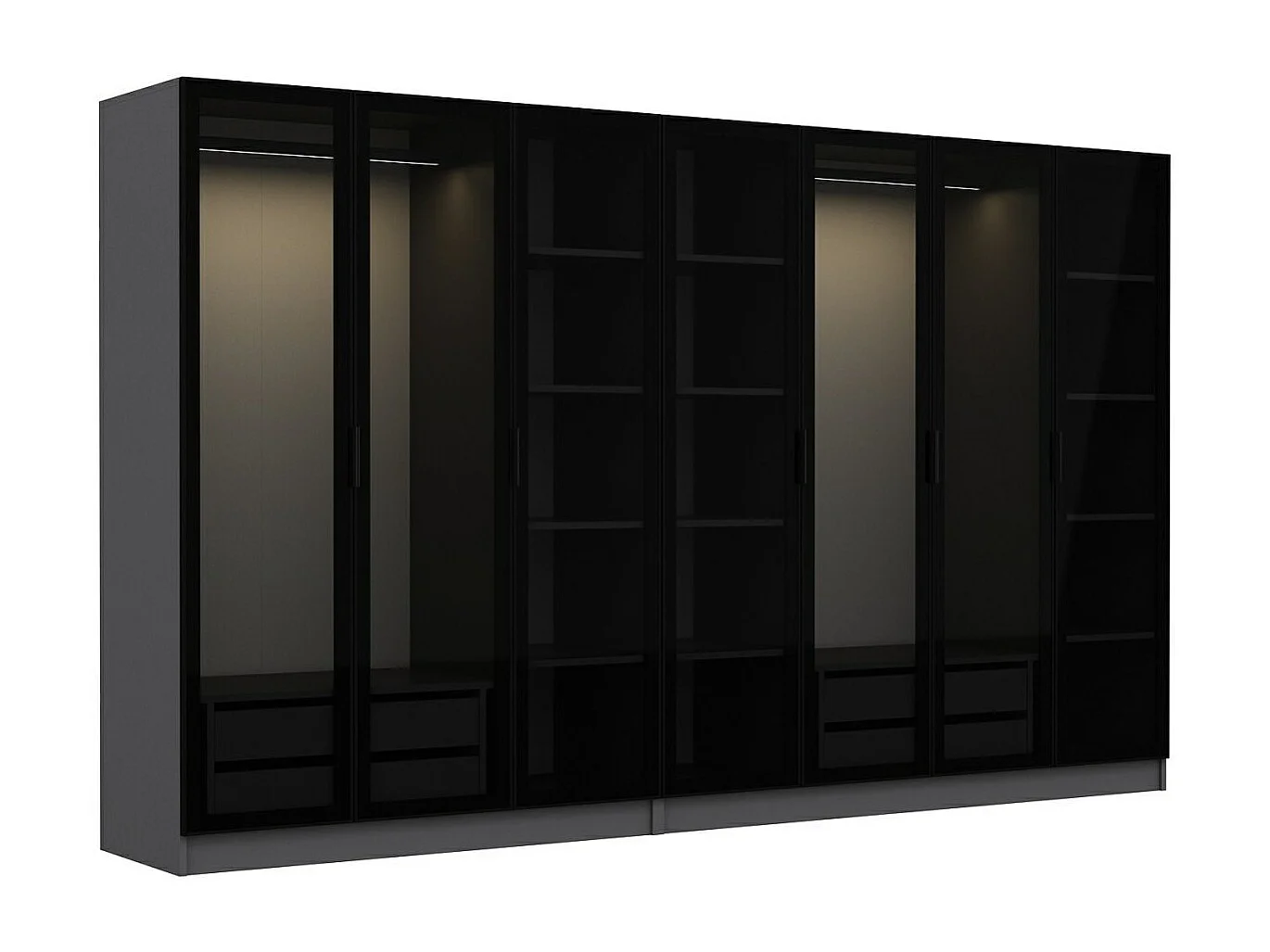 Dressing 7 portes Verre fumé Noir Antipaxos L315xH190cm 2 tringles et 4 tiroirs Anthracite