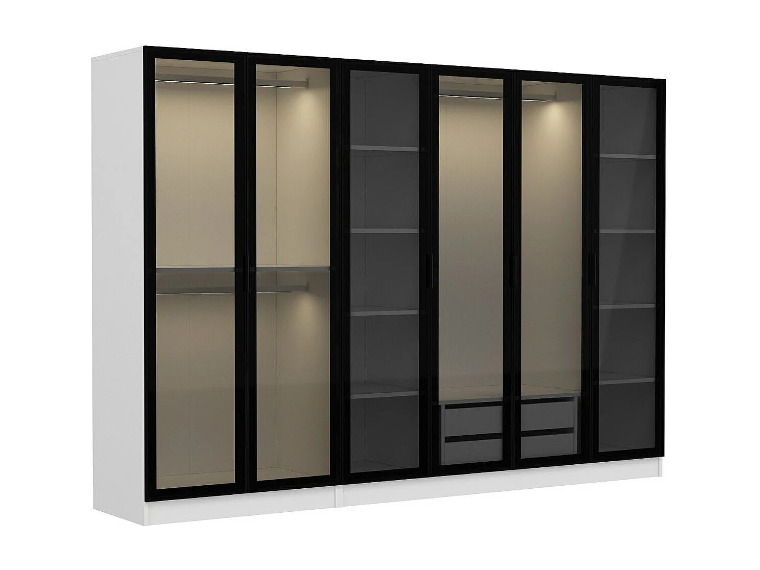 Dressing 6 portes Verre fumé Noir Antipaxos L270xH190cm 3 tringles et 2 tiroirs Blanc