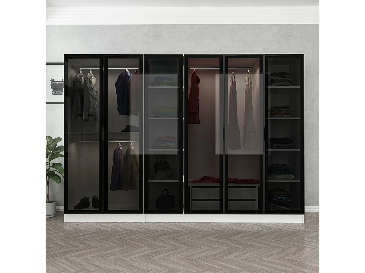 Dressing 6 portes Verre fumé Noir Antipaxos L270xH190cm 3 tringles et 2 tiroirs Blanc