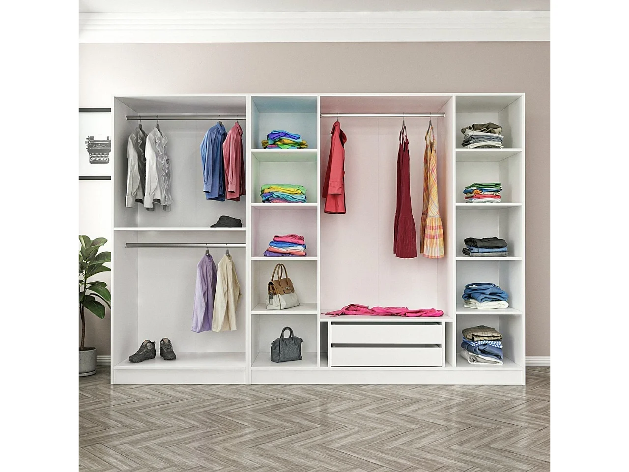 Dressing 6 portes Verre fumé Noir Antipaxos L270xH190cm 3 tringles et 2 tiroirs Blanc