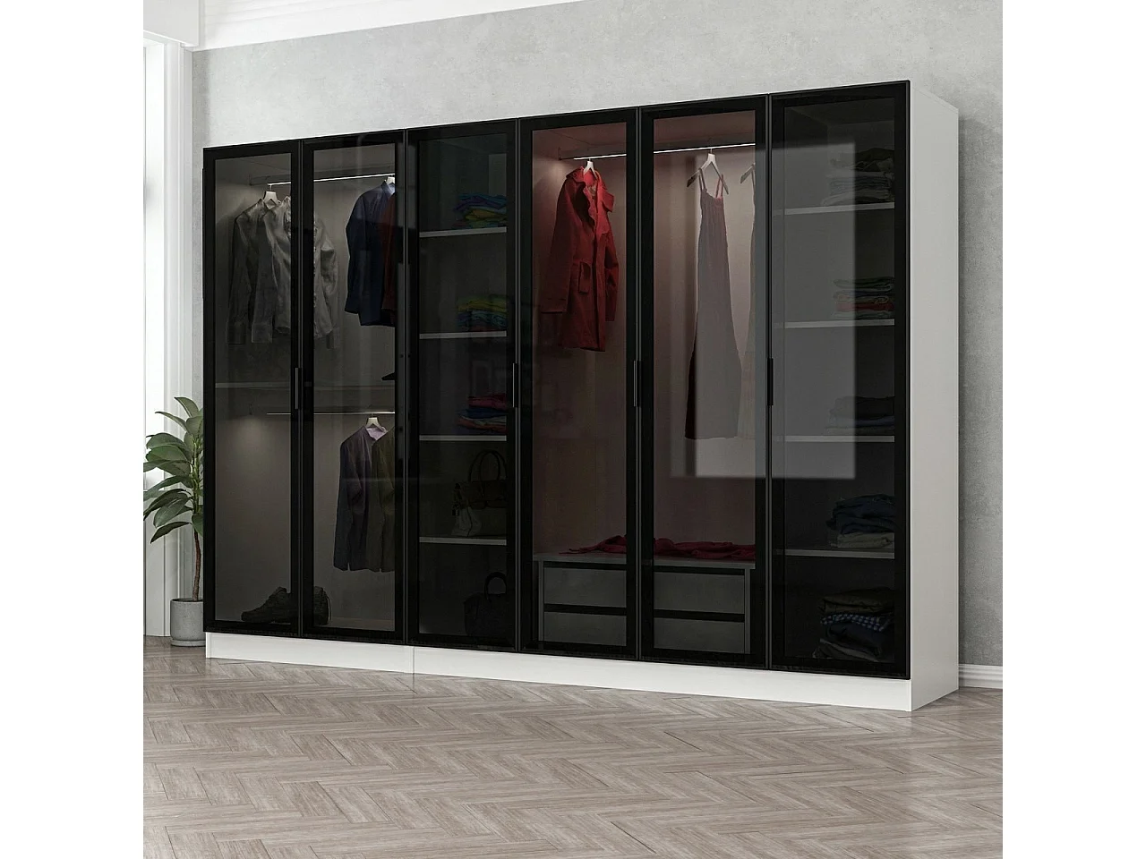 Dressing 6 portes Verre fumé Noir Antipaxos L270xH210cm 3 tringles et 2 tiroirs Blanc