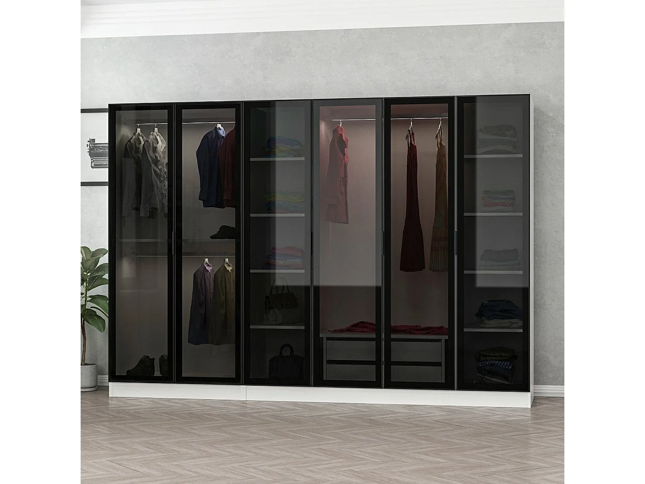 Dressing 6 portes Verre fumé Noir Antipaxos L270xH210cm 3 tringles et 2 tiroirs Blanc