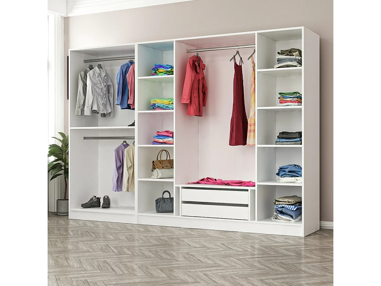 Dressing 6 portes Verre fumé Noir Antipaxos L270xH210cm 3 tringles et 2 tiroirs Blanc
