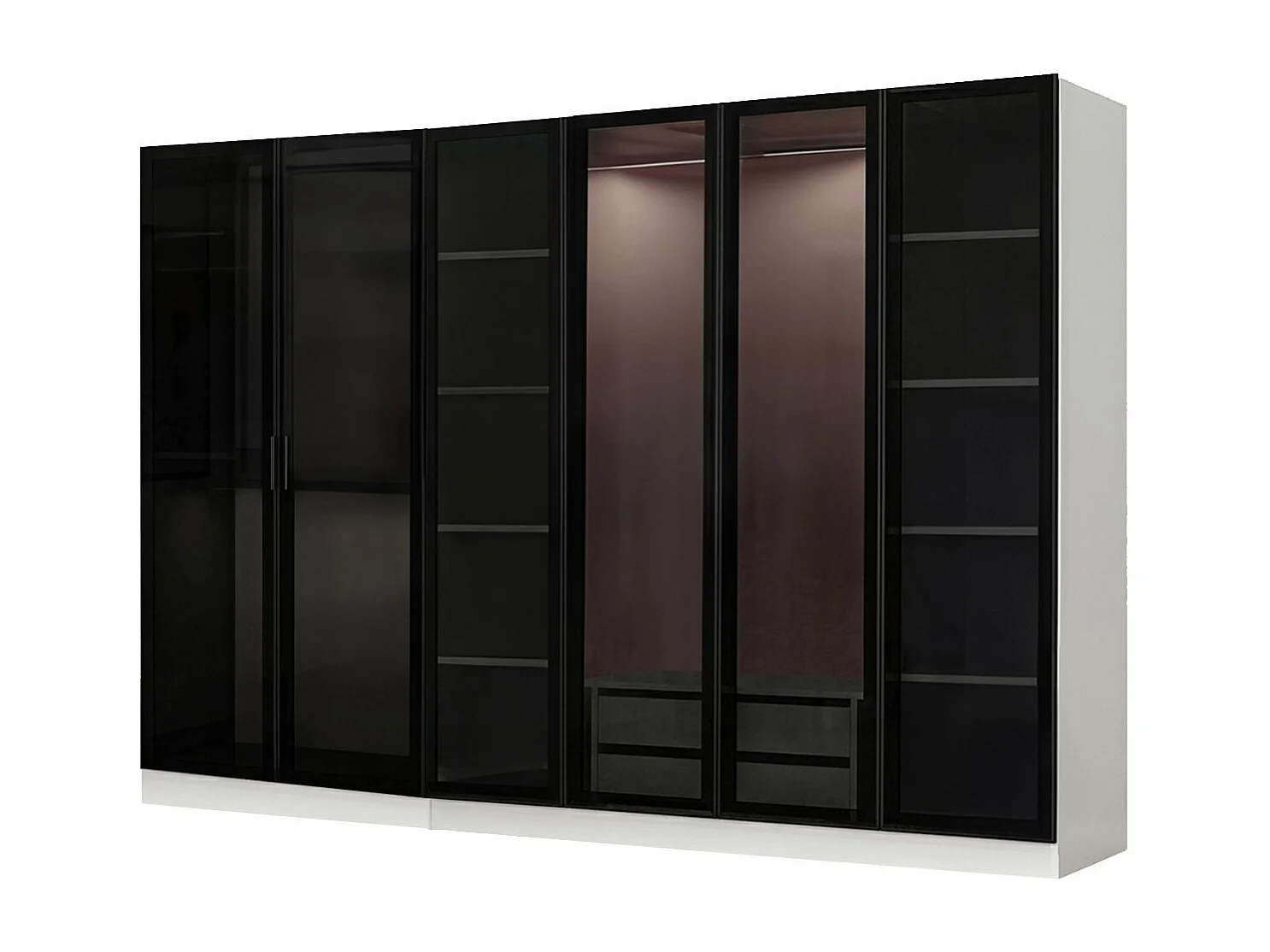 Dressing 6 portes Verre fumé Noir Antipaxos L270xH210cm 3 tringles et 2 tiroirs Blanc
