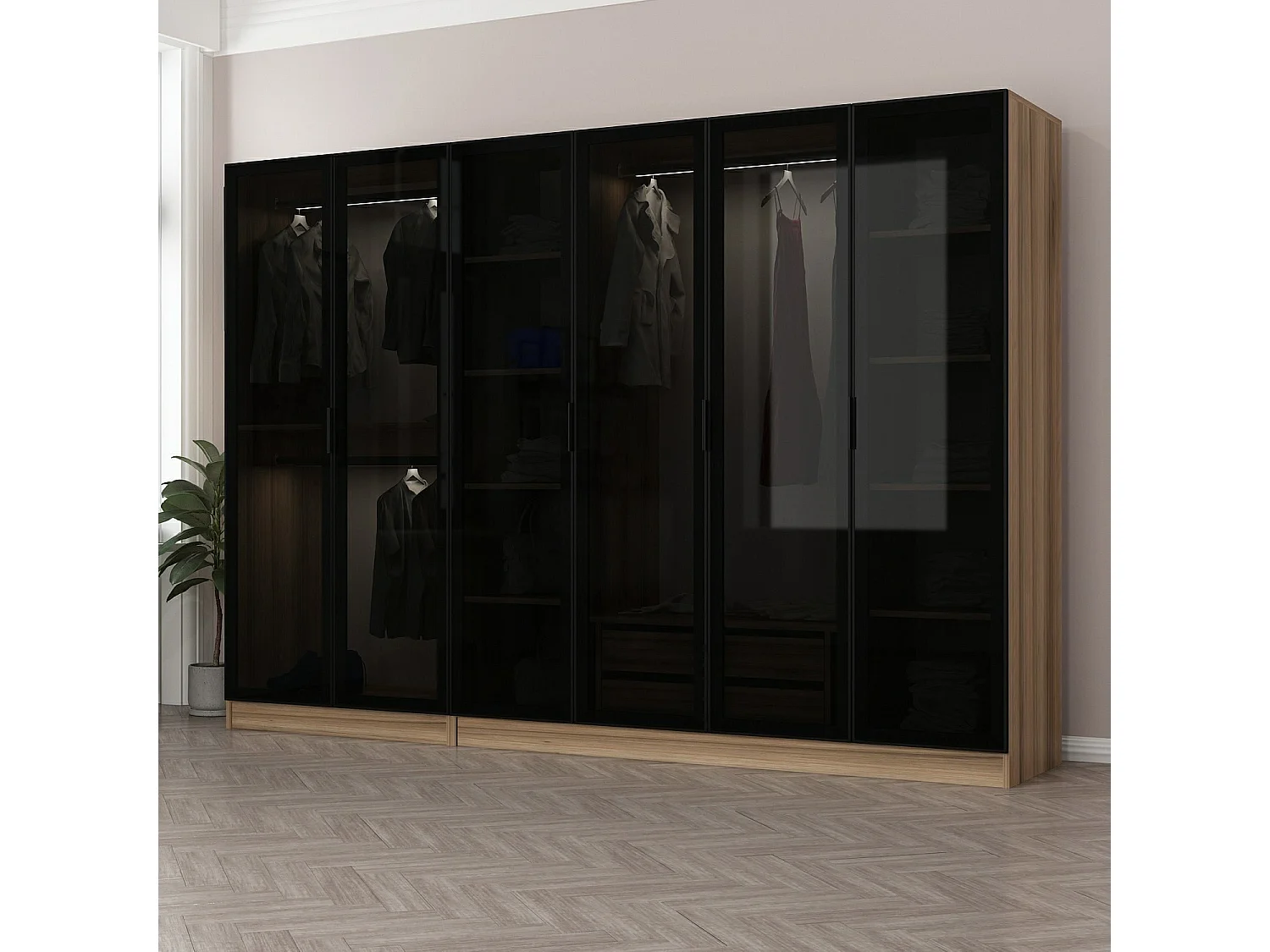 Dressing 6 portes Verre fumé Noir Antipaxos L270xH210cm 3 tringles et 2 tiroirs Bois clair