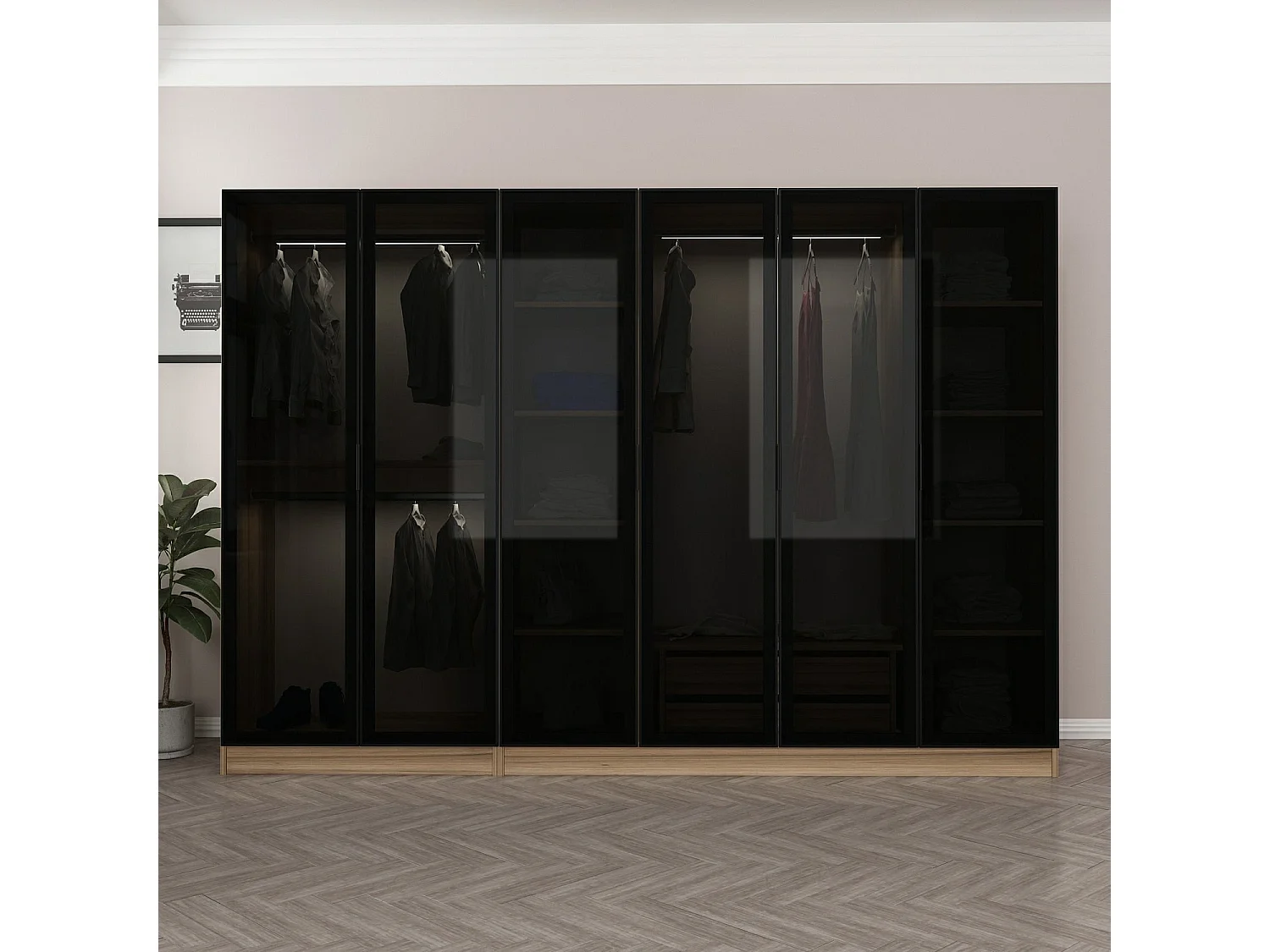 Dressing 6 portes Verre fumé Noir Antipaxos L270xH210cm 3 tringles et 2 tiroirs Bois clair