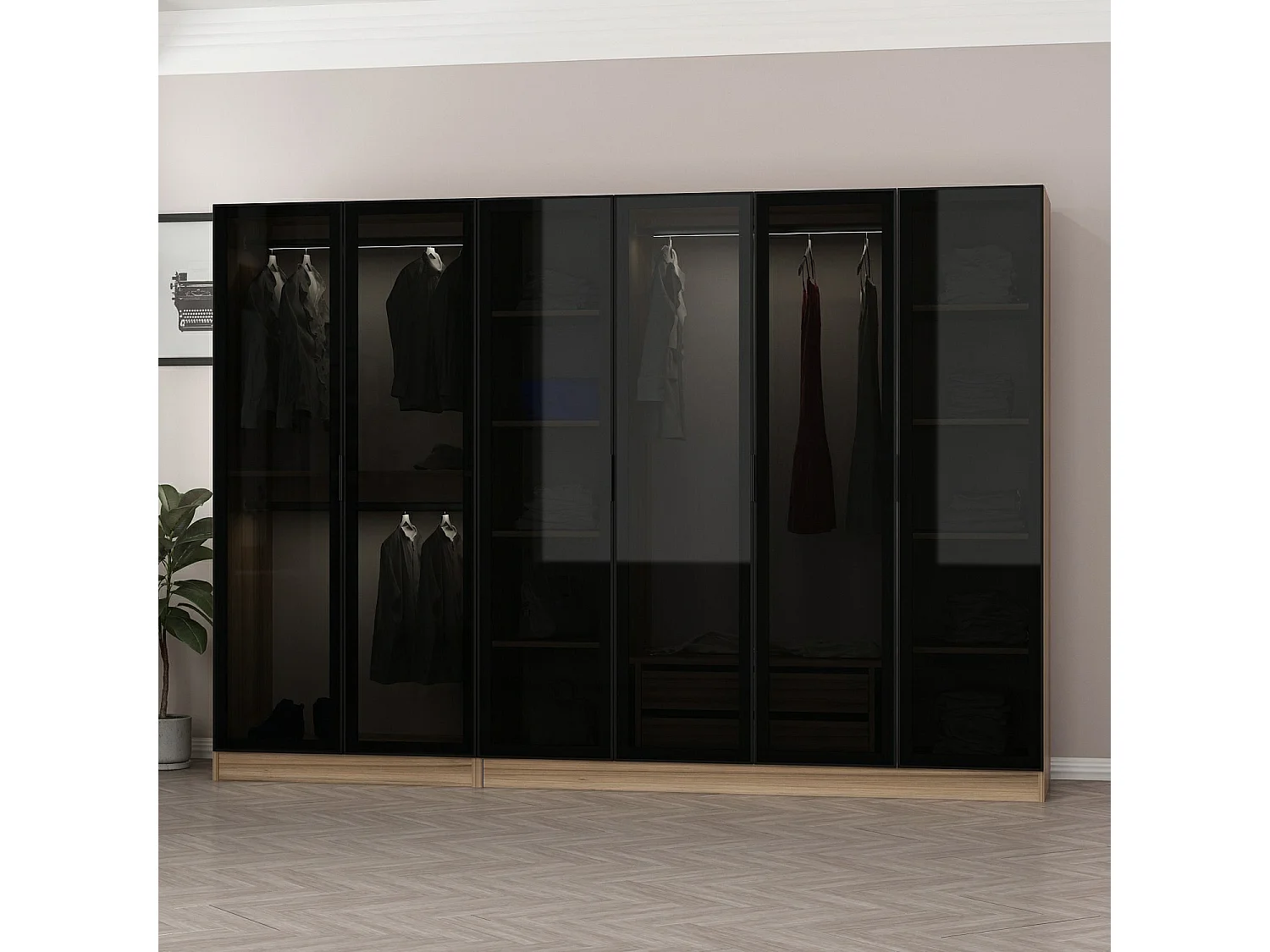 Dressing 6 portes Verre fumé Noir Antipaxos L270xH210cm 3 tringles et 2 tiroirs Bois clair