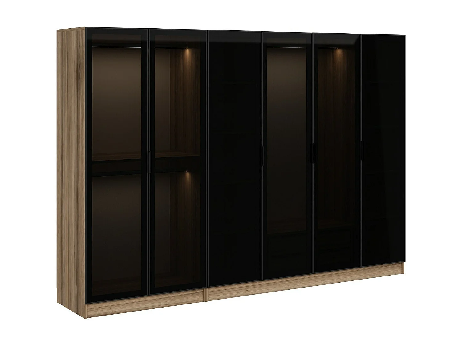 Dressing 6 portes Verre fumé Noir Antipaxos L270xH210cm 3 tringles et 2 tiroirs Bois clair