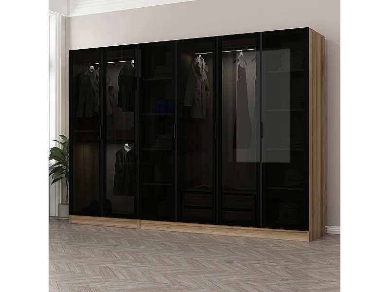 Dressing 6 portes Verre fumé Noir Antipaxos L270xH210cm 3 tringles et 2 tiroirs Bois clair