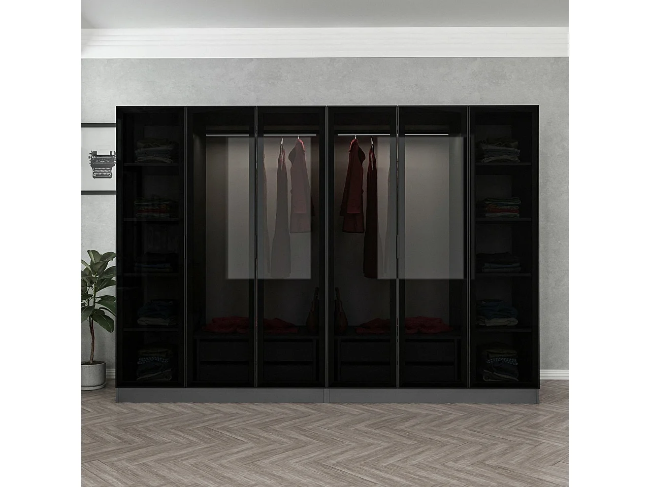 Dressing 6 portes Verre fumé Noir Antipaxos L270xH190cm 2 tringles et 4 tiroirs Anthracite