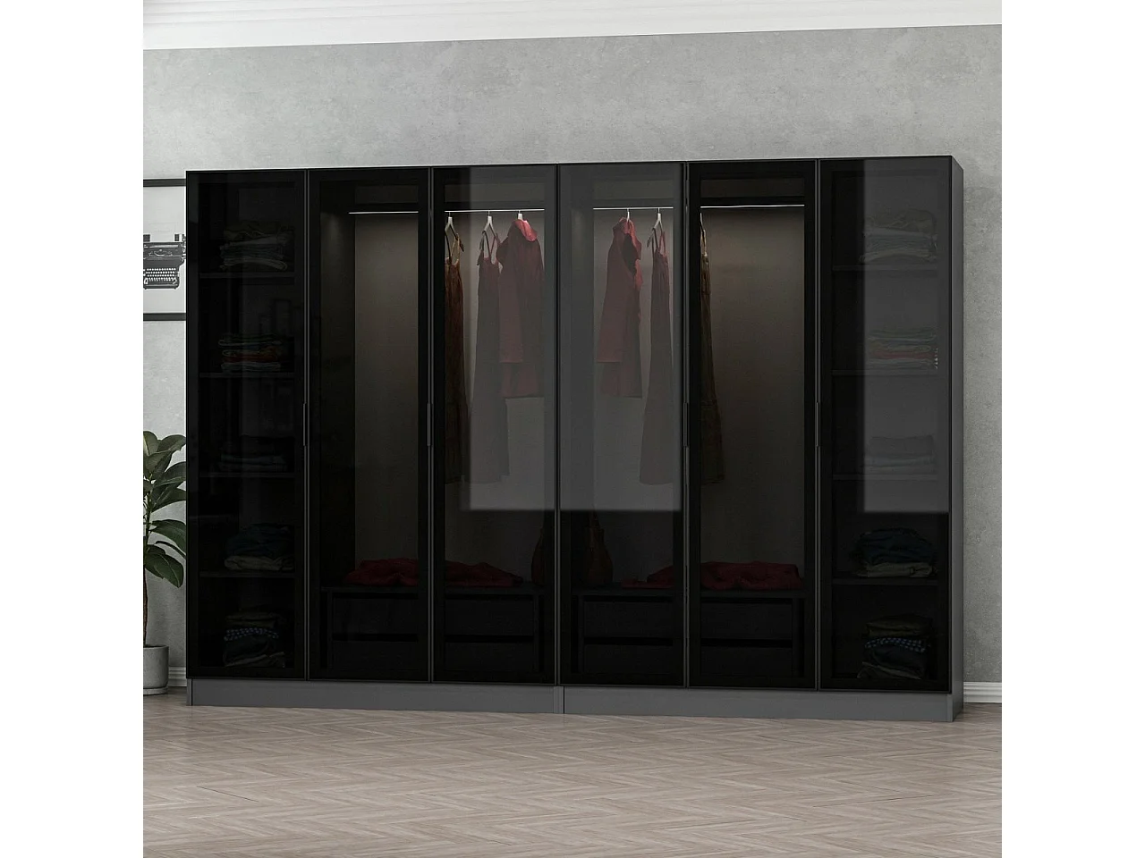 Dressing 6 portes Verre fumé Noir Antipaxos L270xH190cm 2 tringles et 4 tiroirs Anthracite